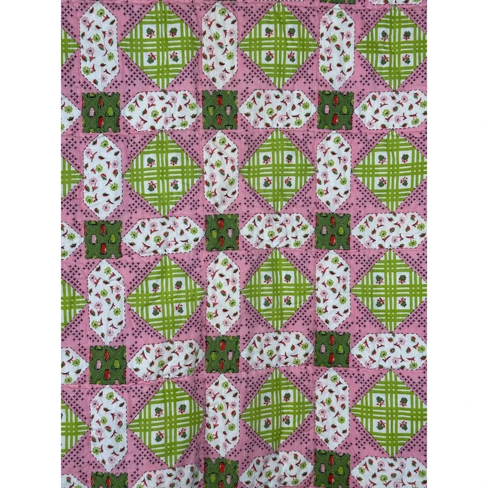 Vintage Handmade Patchwork Quilt Pink Green Floral Plaid Cottagecore Farmhouse